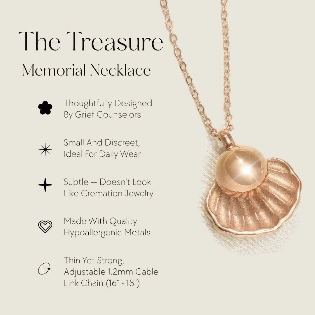 Elegant rose gold cremation necklace designed to hold pet ashes, featuring a shell and pearl design for lasting memories.