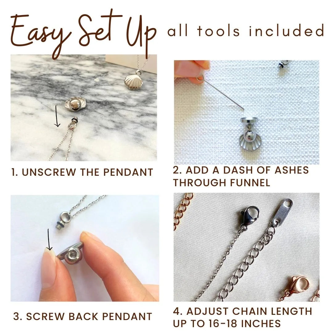 Instructions for the Treasure cremation necklace setup, featuring a silver pendant and chain on a marble surface.