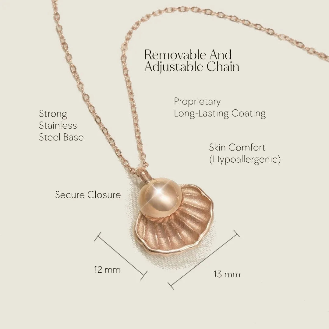 Rose gold memorial necklace shaped like a shell, featuring a secure closure and adjustable chain for customized wear.