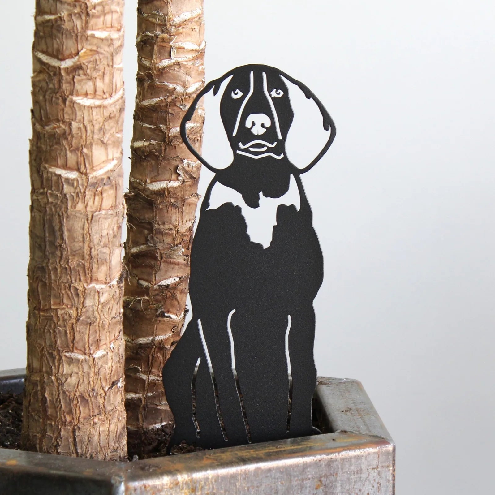 Black Treeing Walker Coonhound metal silhouette peeks out from a planter, showcasing a sleek design for outdoor decor.