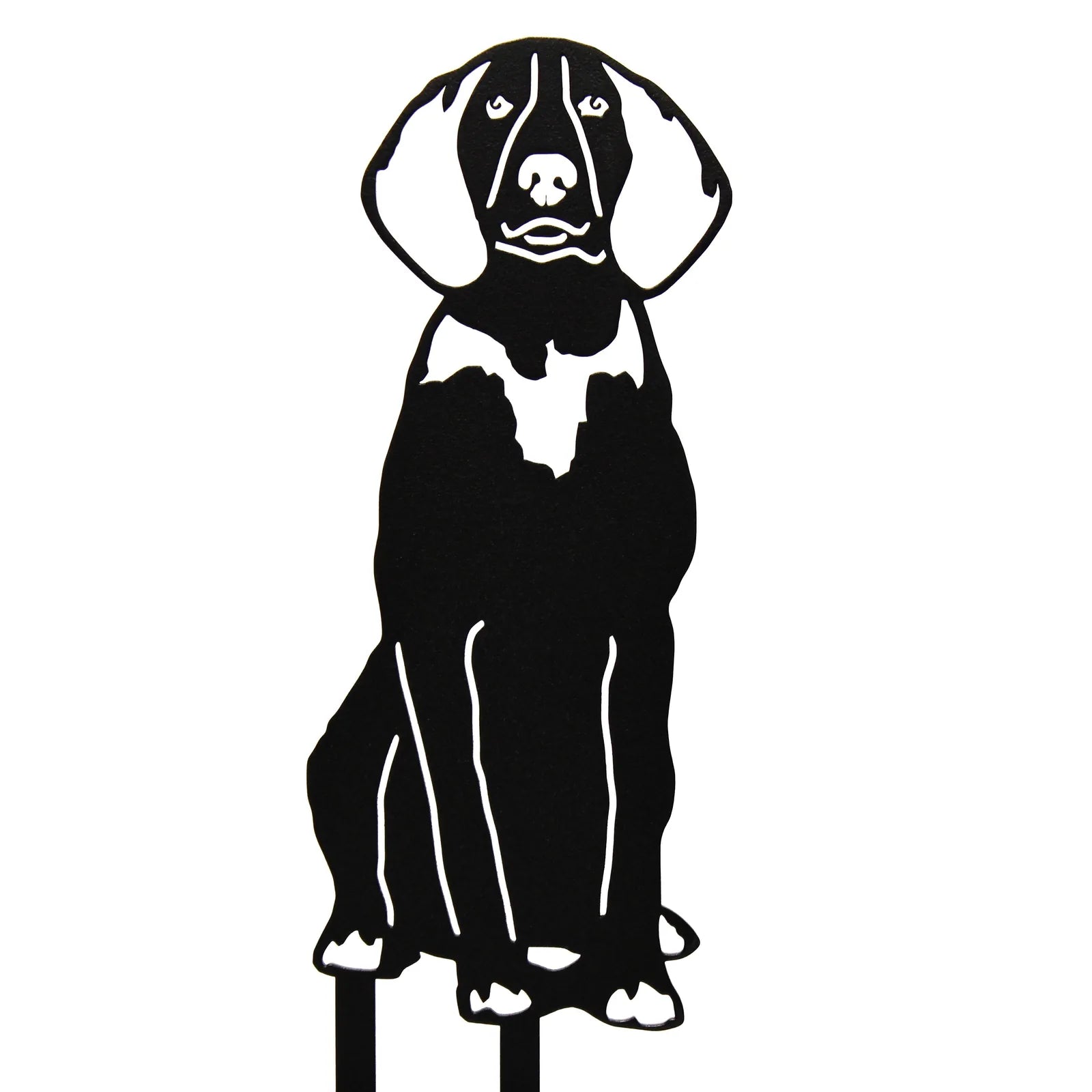 Black metal silhouette of a Treeing Walker Coonhound, featuring detailed design and stakes for outdoor display.