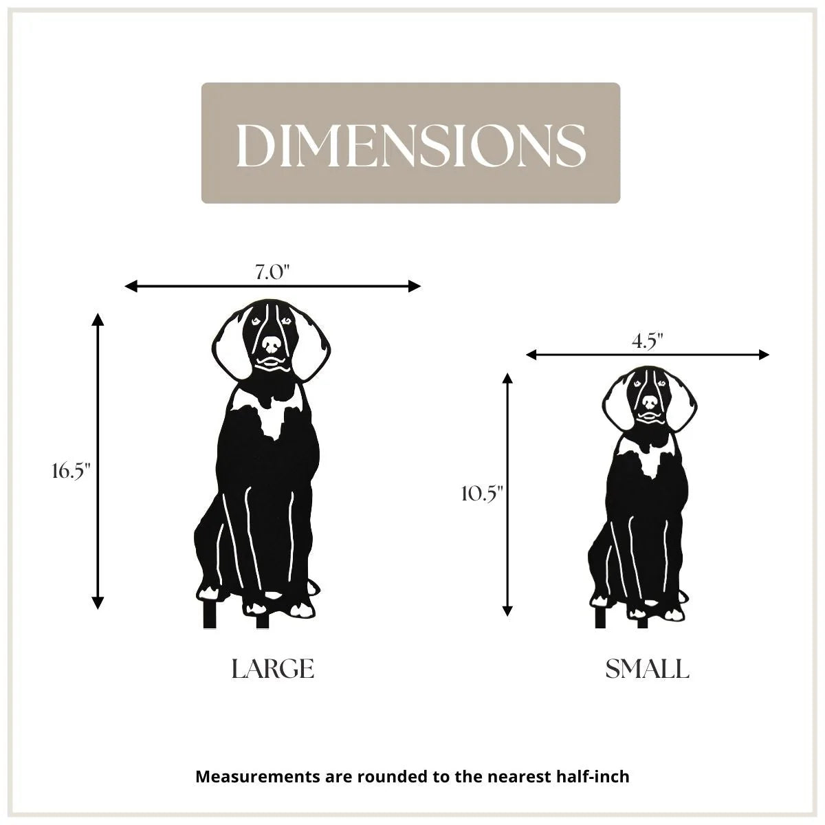 Dimensions for Treeing Walker Coonhound metal silhouette, featuring black design for large and small sizes.