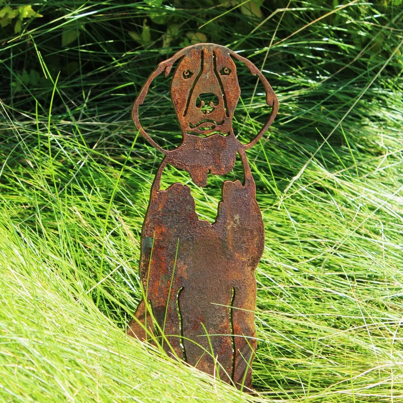 Treeing Walker Coonhound metal silhouette in rustic Corten steel, set against lush green grass. Perfect for outdoor decor.