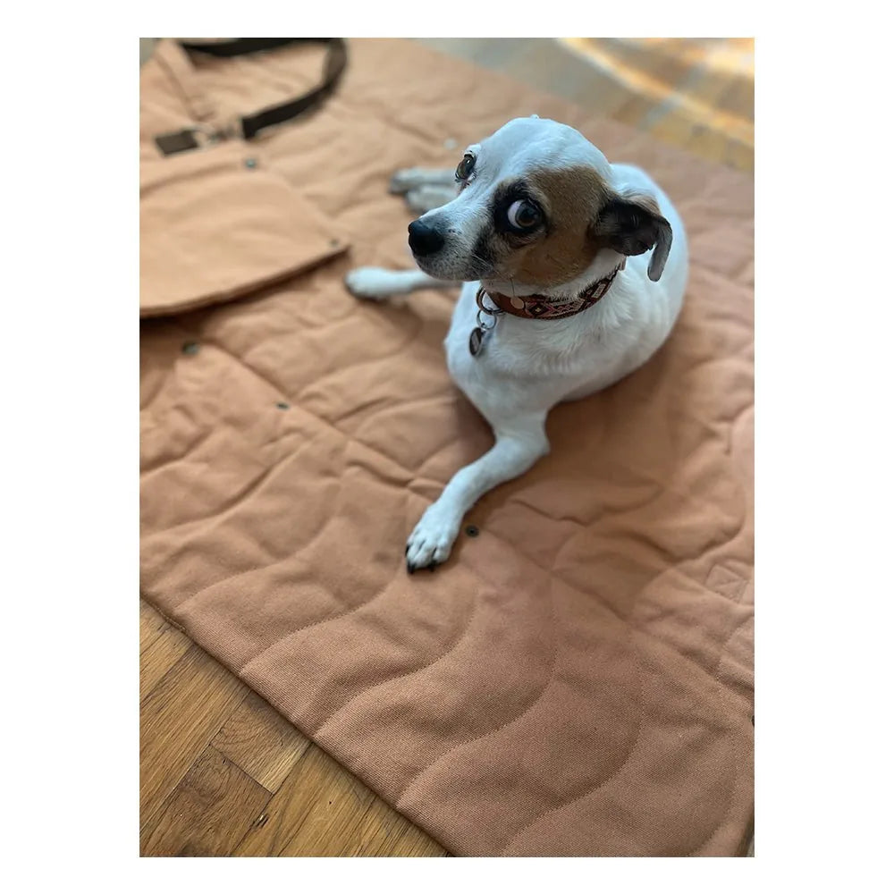 Tan quilted canvas mat with a small dog resting, showcasing a portable design suitable for outdoor adventures.