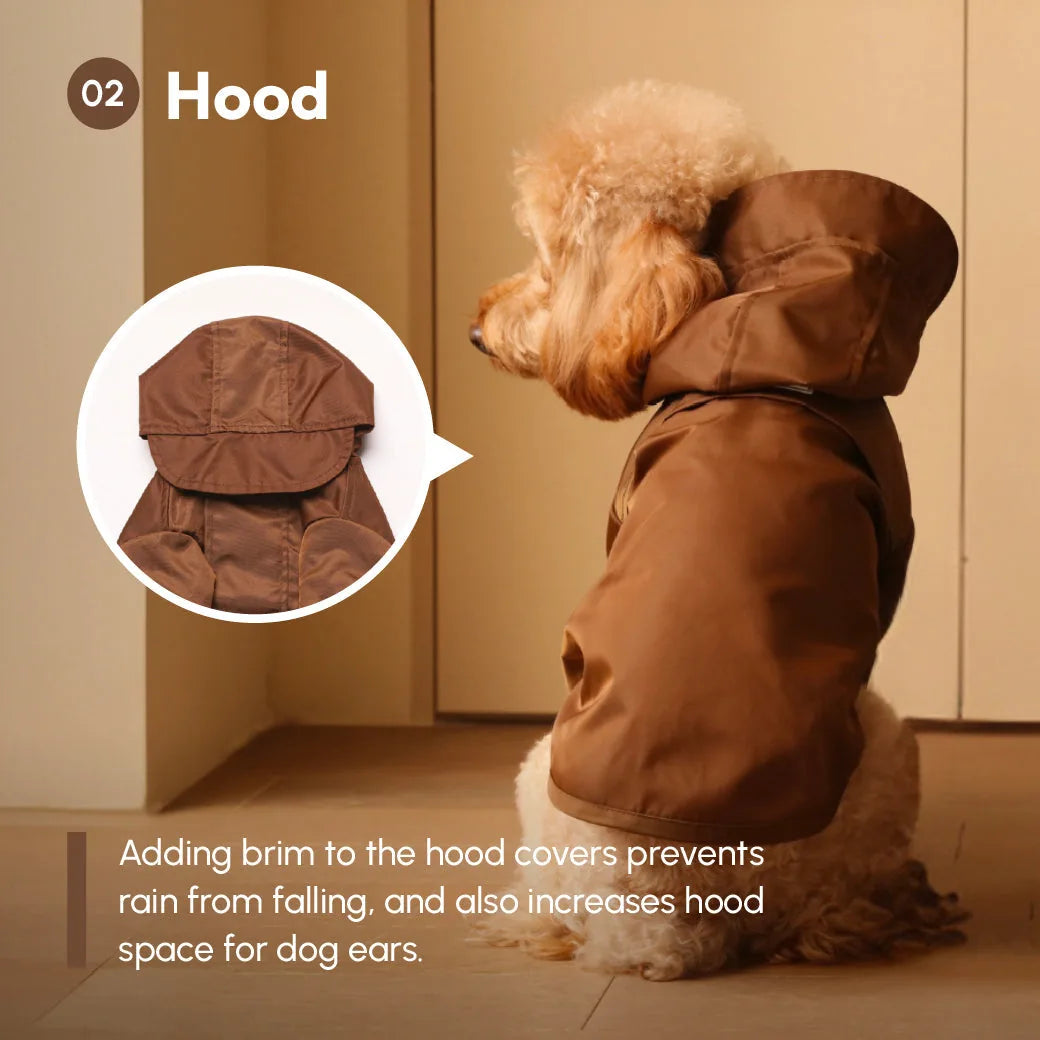 Brown adjustable raincoat on a dog, featuring a hood with a brim for rain protection and ear space.