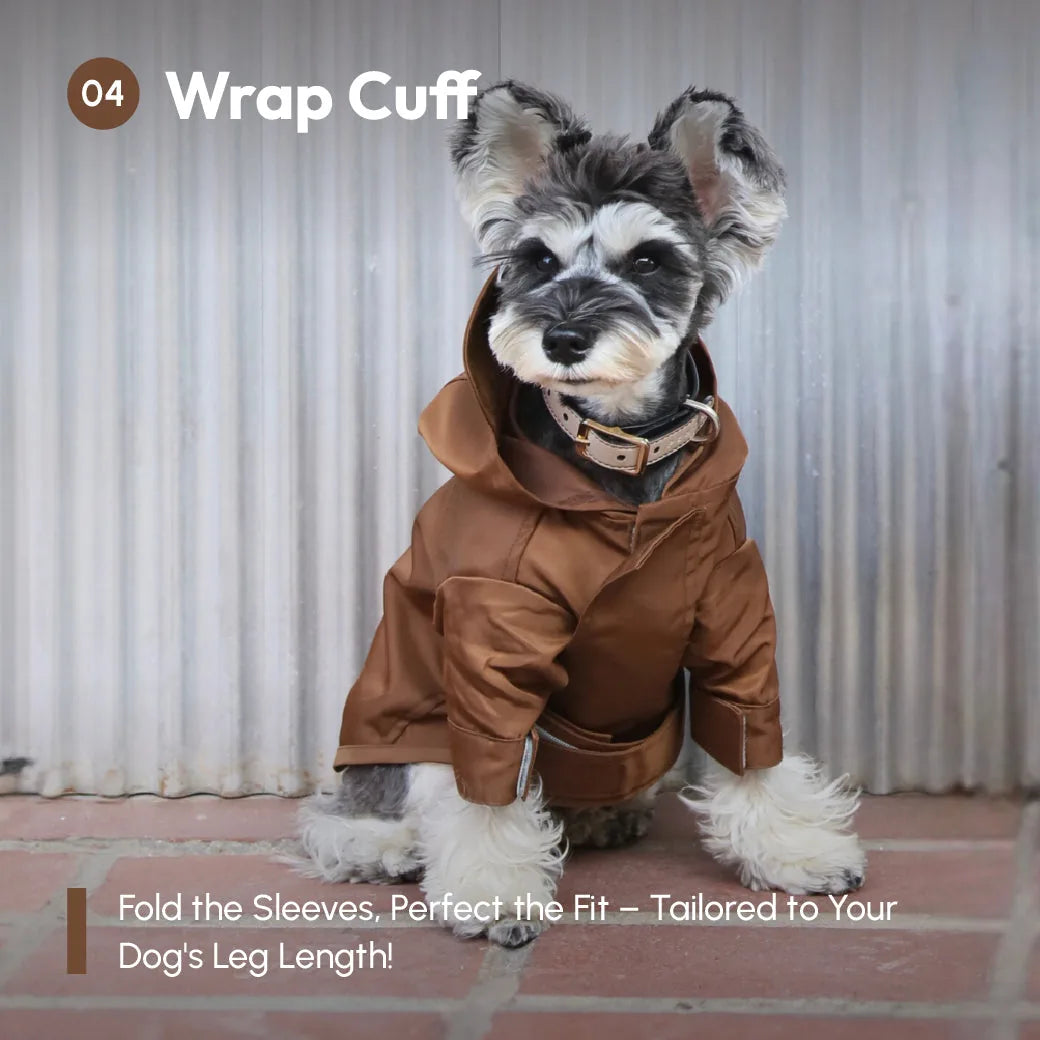 Adjustable brown velcro raincoat for dogs with a hood, featuring wrap cuffs for tailored fit and easy wear.