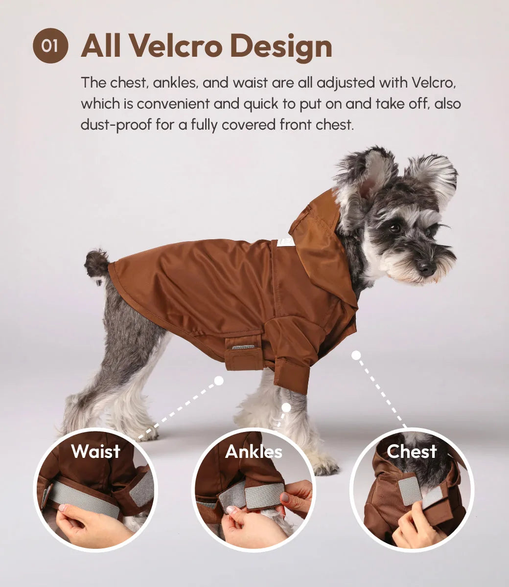 Brown adjustable Velcro raincoat for dogs, featuring snug fit adjustments at waist, ankles, and chest.