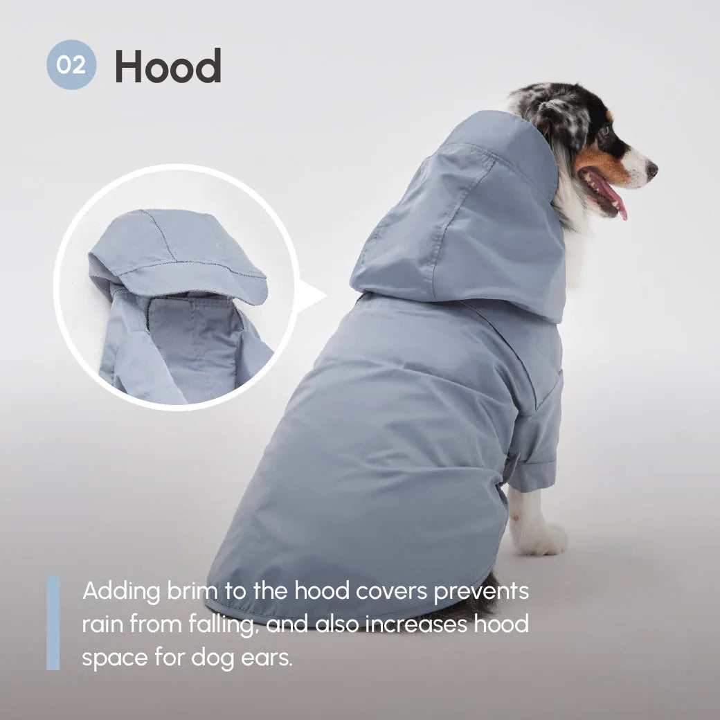 Light blue adjustable velcro raincoat for dogs featuring a hood with a brim and extra space for ears.