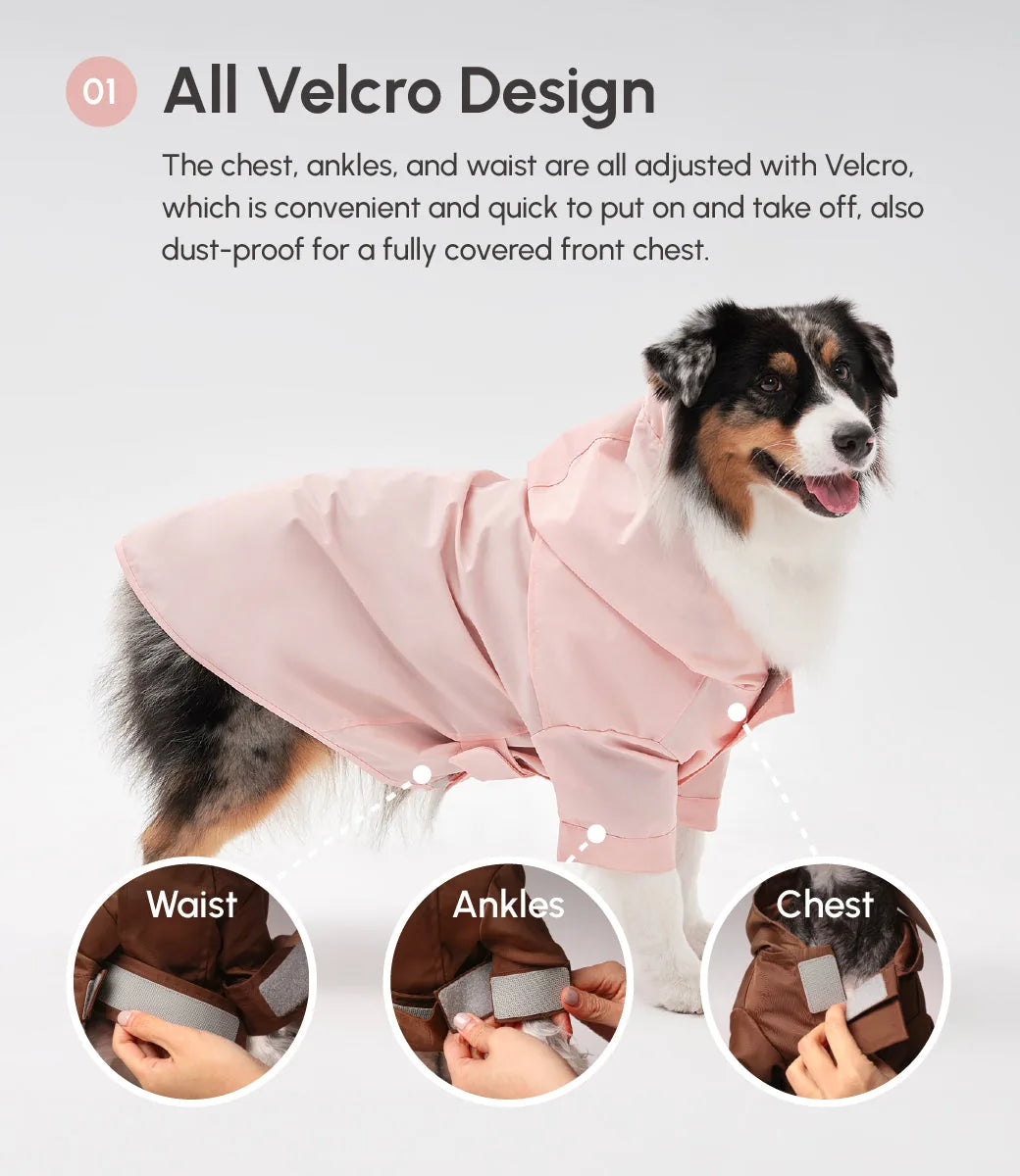 Light pink adjustable velcro raincoat on a dog, showcasing velcro closures at chest, waist, and ankles for easy fitting.