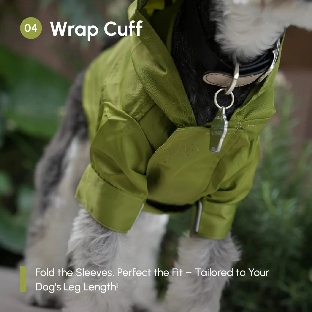 Olive green adjustable raincoat features wrap cuffs for a tailored fit on a dog with a collar visible in the background.