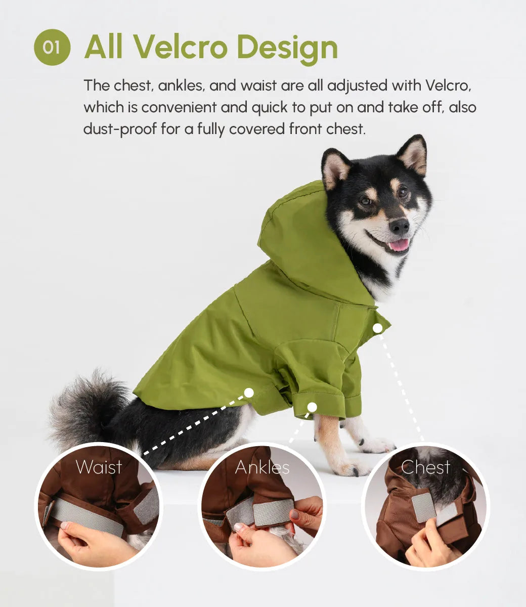 Olive green adjustable Velcro raincoat for dogs with a hood, showcasing easy adjustments at waist, ankles, and chest.