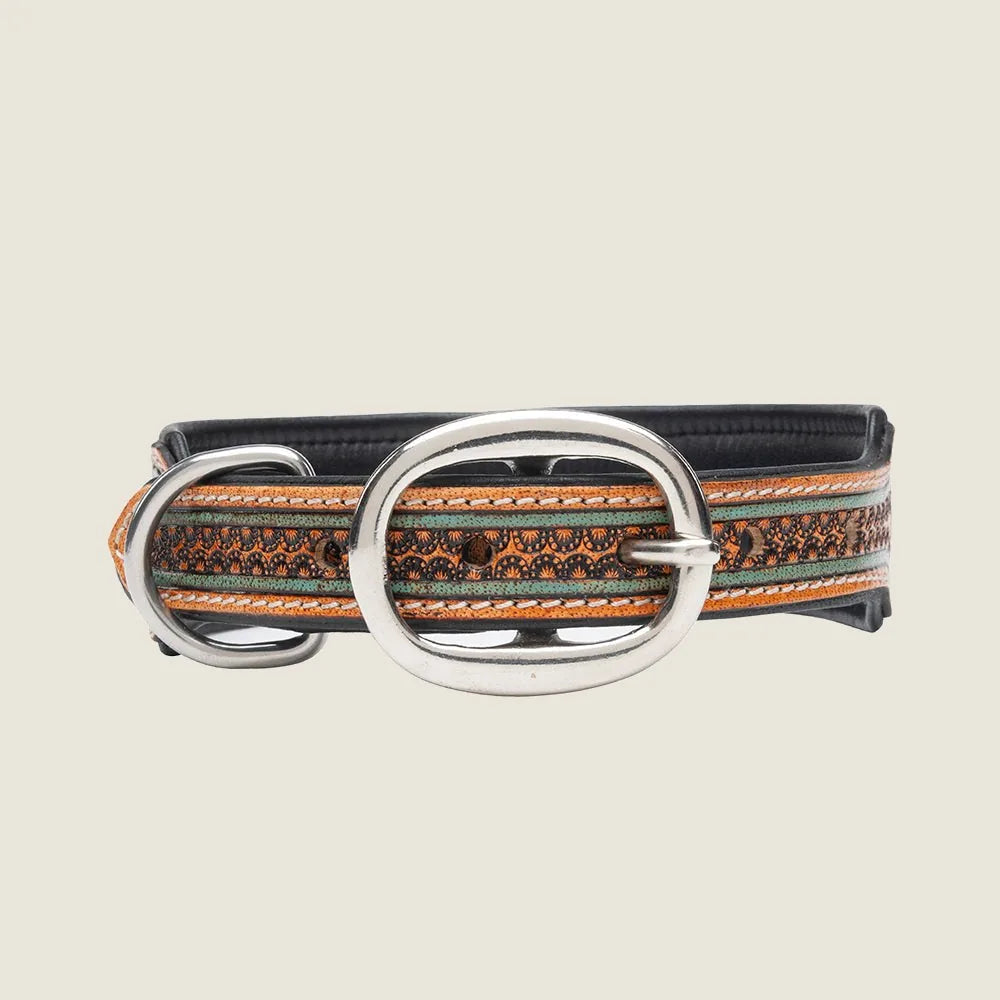 Durable hand-tooled leather dog collar featuring a silver buckle and vibrant orange and teal decorative accents.