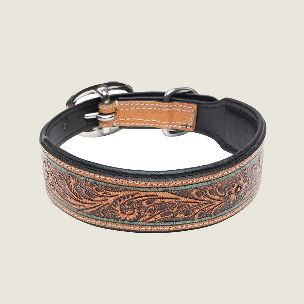 Hand-tooled leather dog collar in brown with floral patterns and iron hardware, perfect for everyday walks.