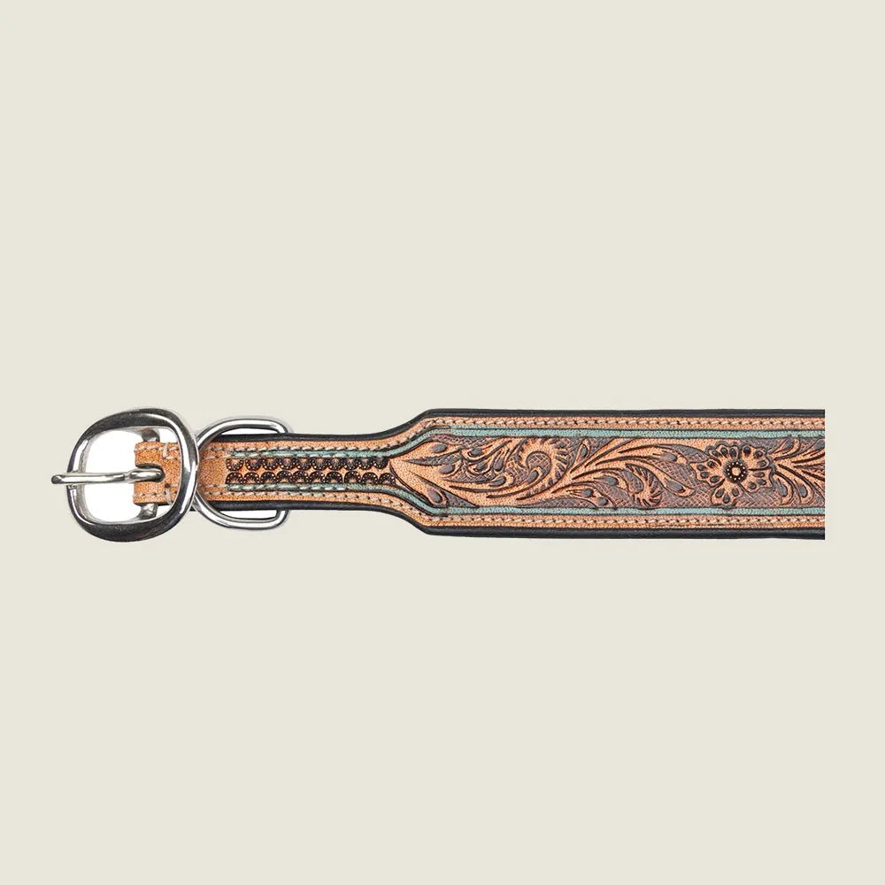 Hand-tooled leather dog collar in warm tones, featuring intricate floral designs and sturdy iron hardware.