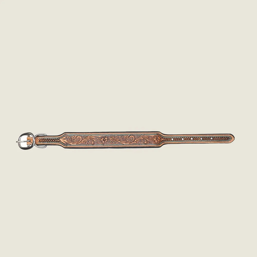 Hand-tooled leather dog collar with intricate floral designs, featuring a silver buckle, ideal for daily wear.
