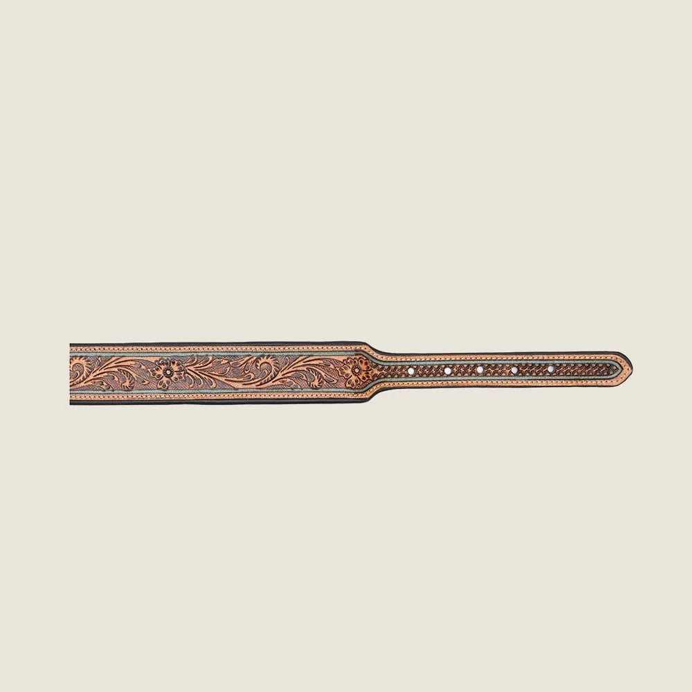 Hand-tooled leather dog collar featuring intricate floral designs in brown and black, showcasing quality craftsmanship.