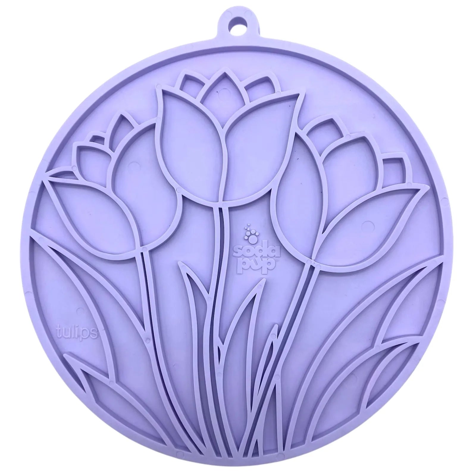 Pastel purple tulip-shaped enrichment lick mat with detailed raised tulip patterns, made from food-safe, non-toxic material.