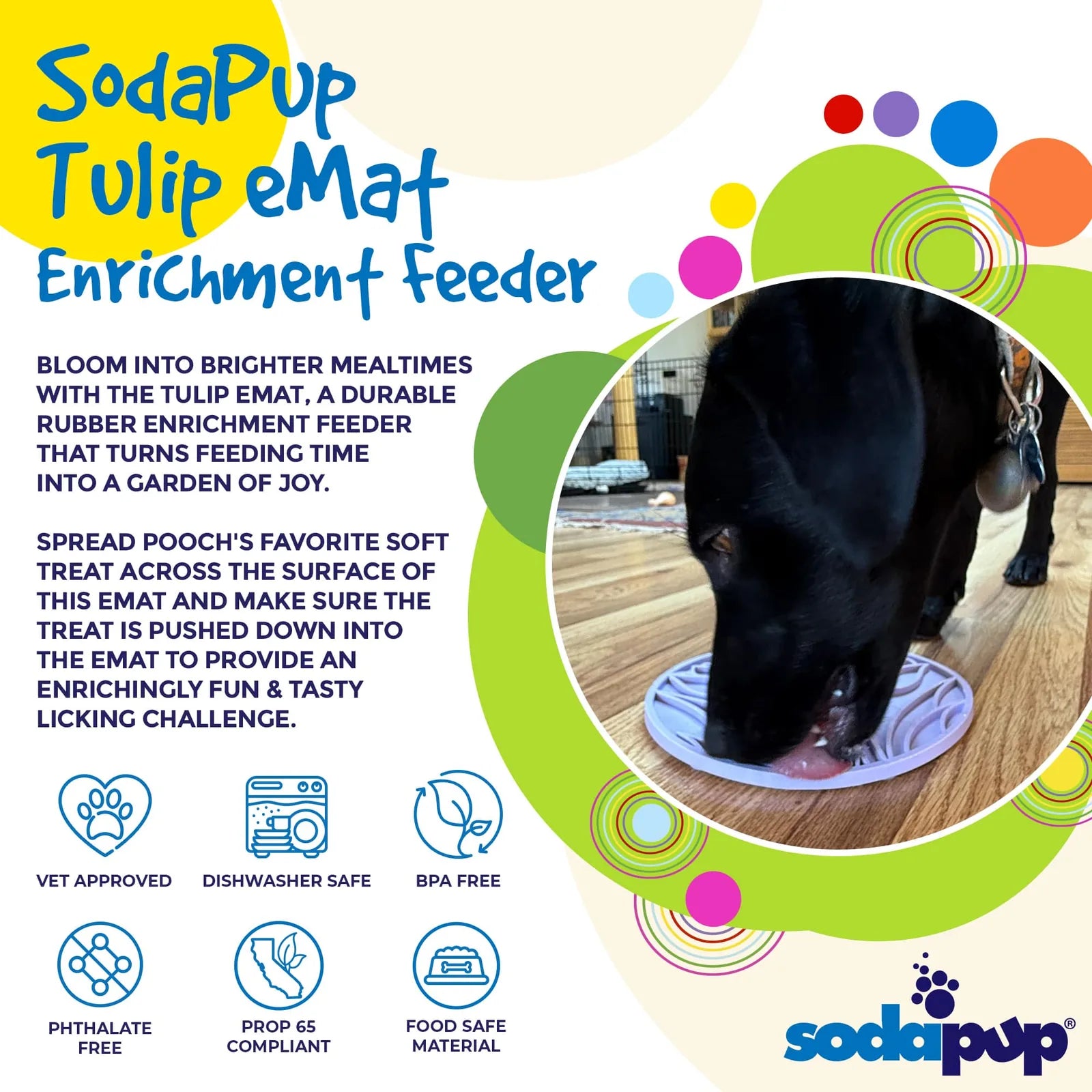Pastel purple Tulip Design eMat with textured surface, featuring a dog licking soft treats, promoting enrichment and calmn...