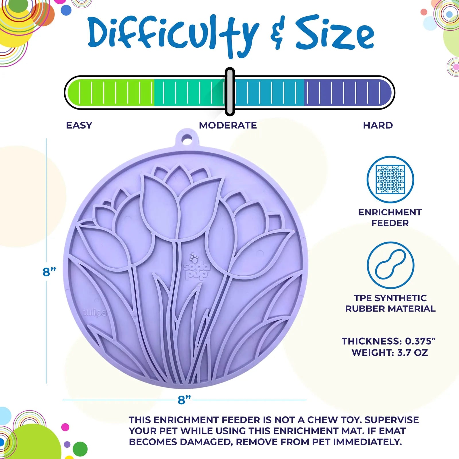 Pastel purple tulip design eMat features textured patterns, measuring 8 inches, made of food-safe TPE rubber with suction...