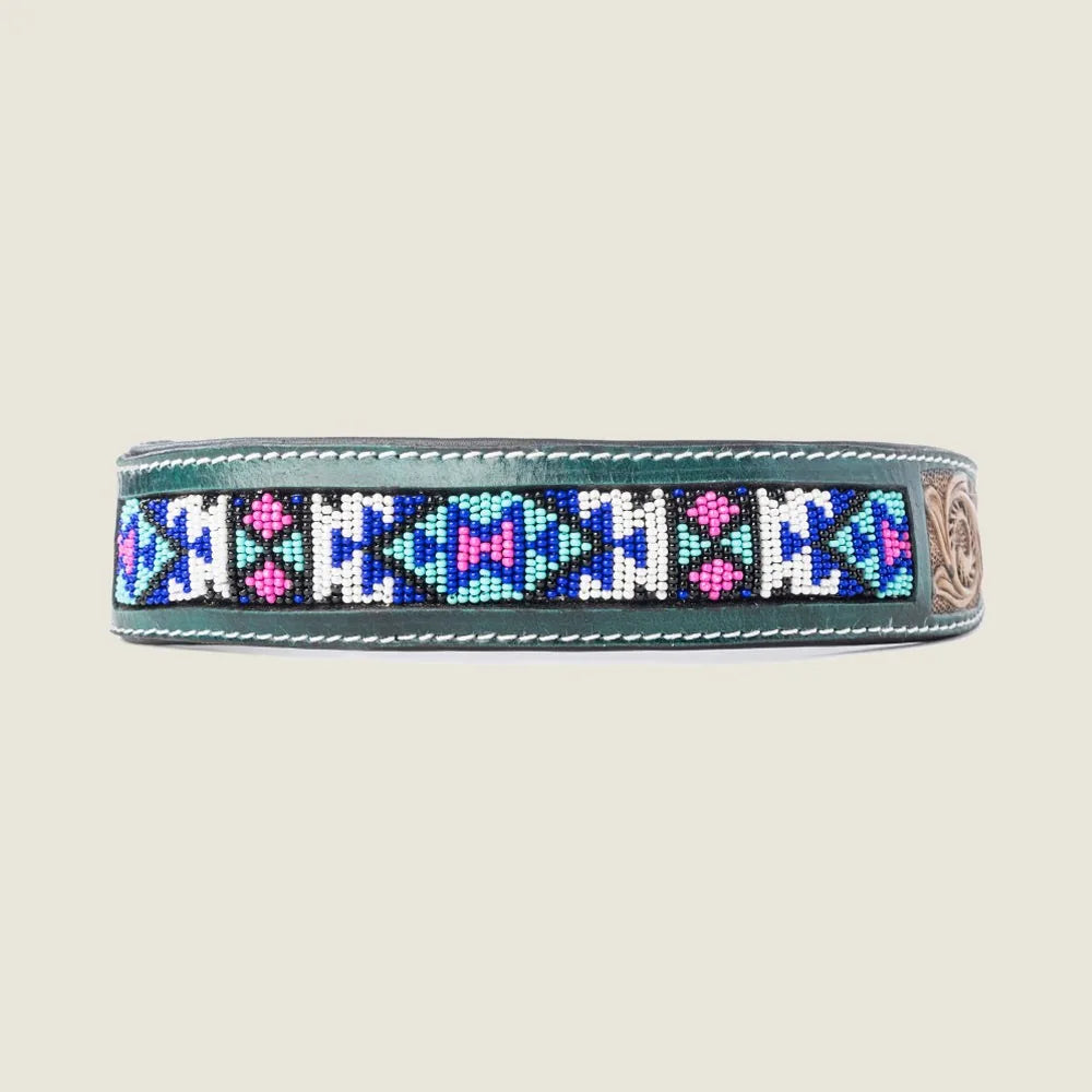 Turquoise and pink beaded collar with hand-tooled leather, featuring vibrant Southwest-inspired designs.