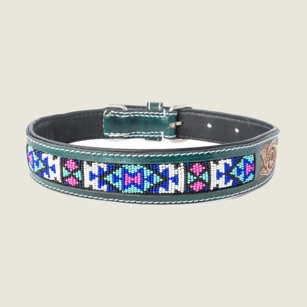 Turquoise and fuchsia beadwork on a hand-tooled brown leather dog collar with adjustable brass hardware.