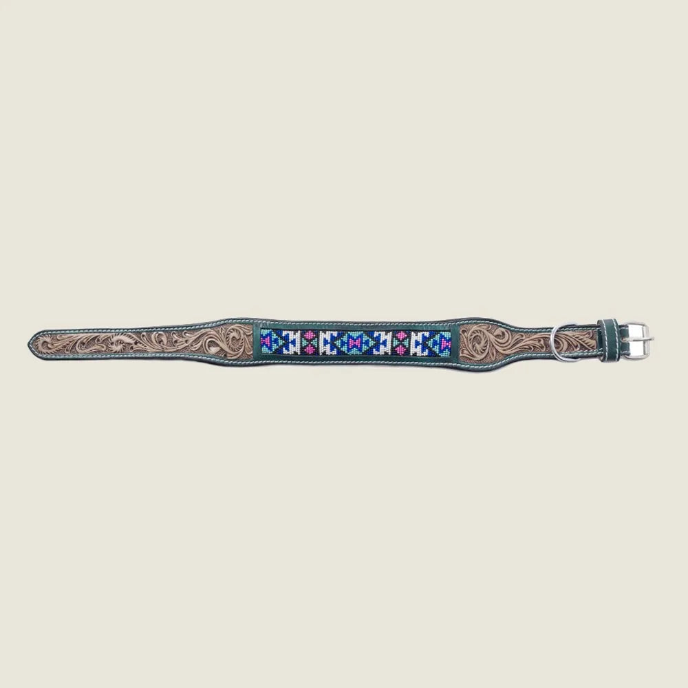Turquoise Blossom dog collar featuring hand-tooled leather and vibrant beadwork in pink, blue, and white.