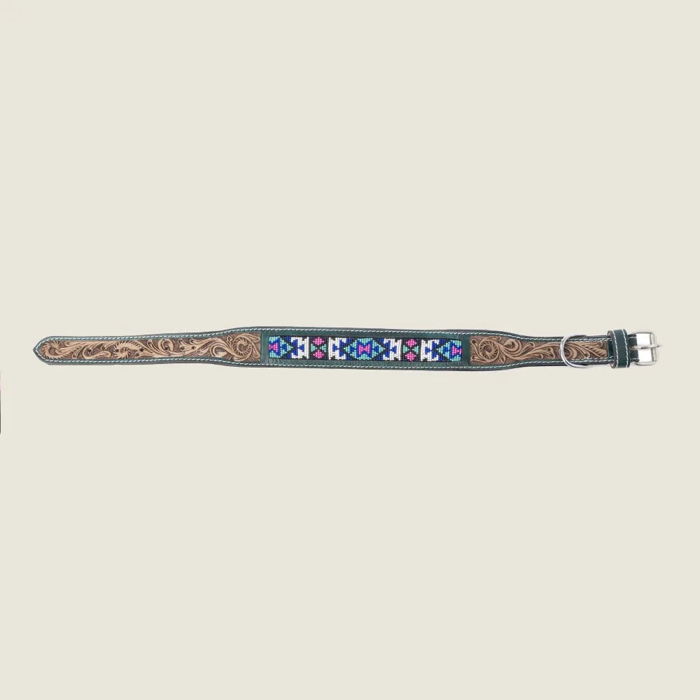 Turquoise Blossom dog collar featuring hand-tooled leather and vibrant beadwork in turquoise, fuchsia, and cobalt.