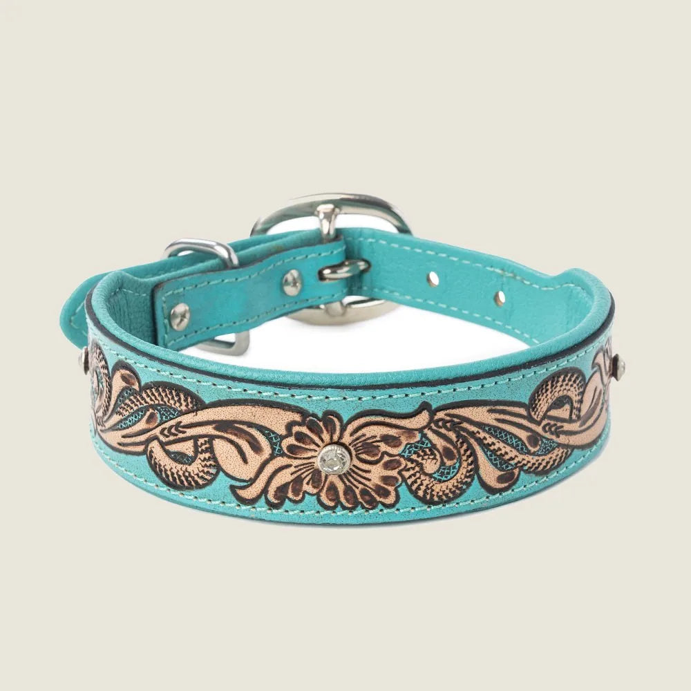 Turquoise leather dog collar featuring hand-tooled floral designs and crystal accents for stylish everyday wear.