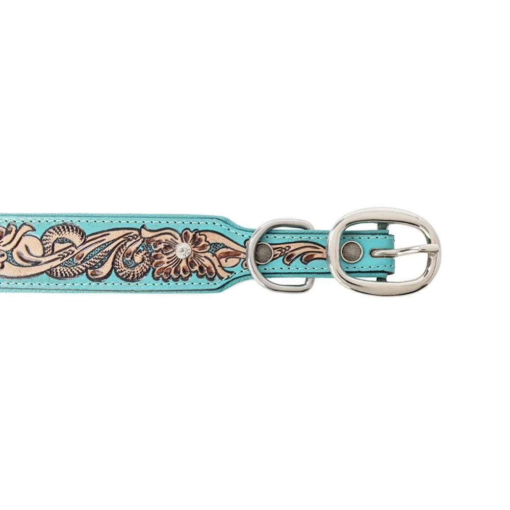 Turquoise leather dog collar featuring hand-tooled floral designs and crystal accents for stylish everyday wear.