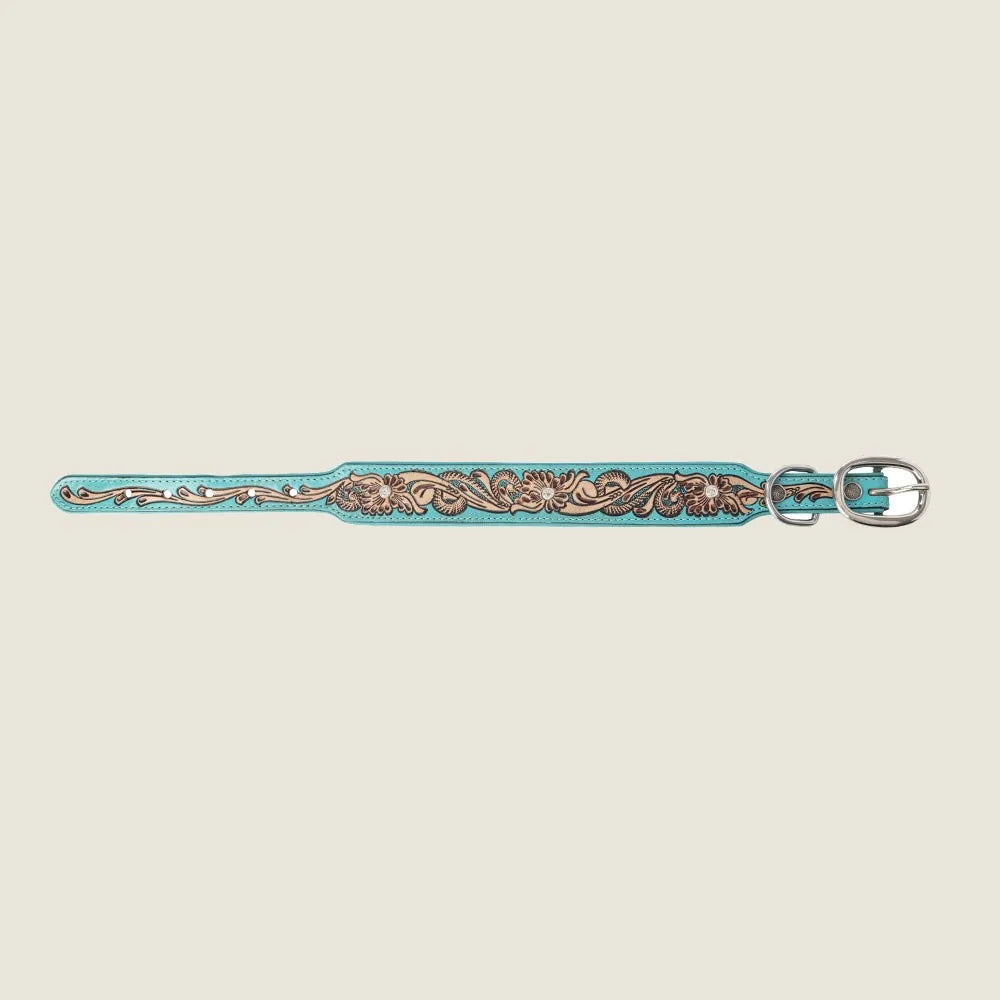 Turquoise leather dog collar featuring hand-tooled floral designs and crystal accents, adjustable for everyday wear.
