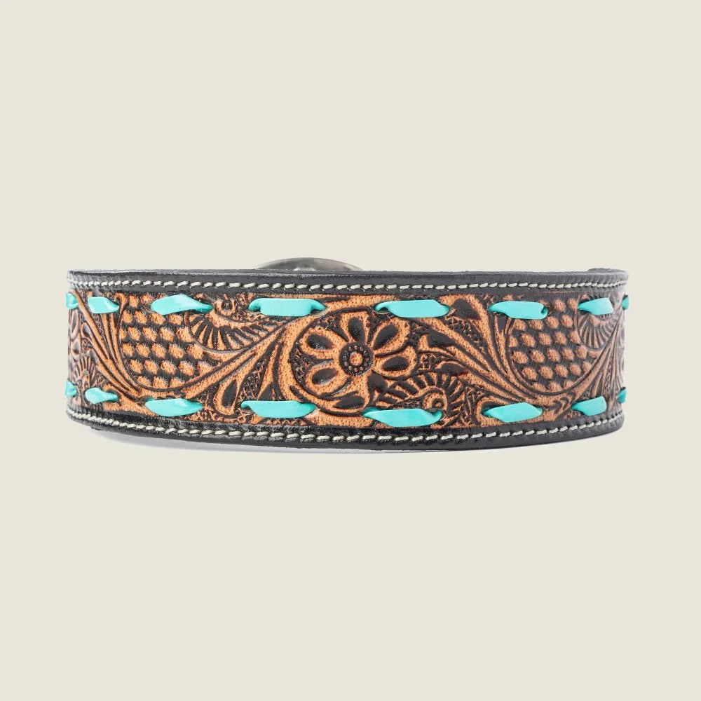 Hand-tooled black leather dog collar with floral design and bright turquoise lacing, adjustable for a comfortable fit.