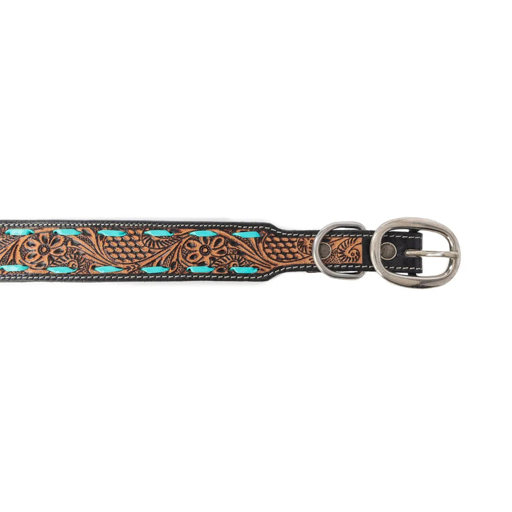 Turquoise Trail Cowboy Dog Collar in Black, featuring floral tooling and turquoise lacing on durable leather.
