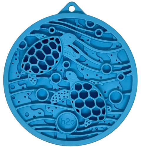 Blue turtle-shaped lick mat with varied textures and suction cups for small dogs and cats, made from food-safe materials.