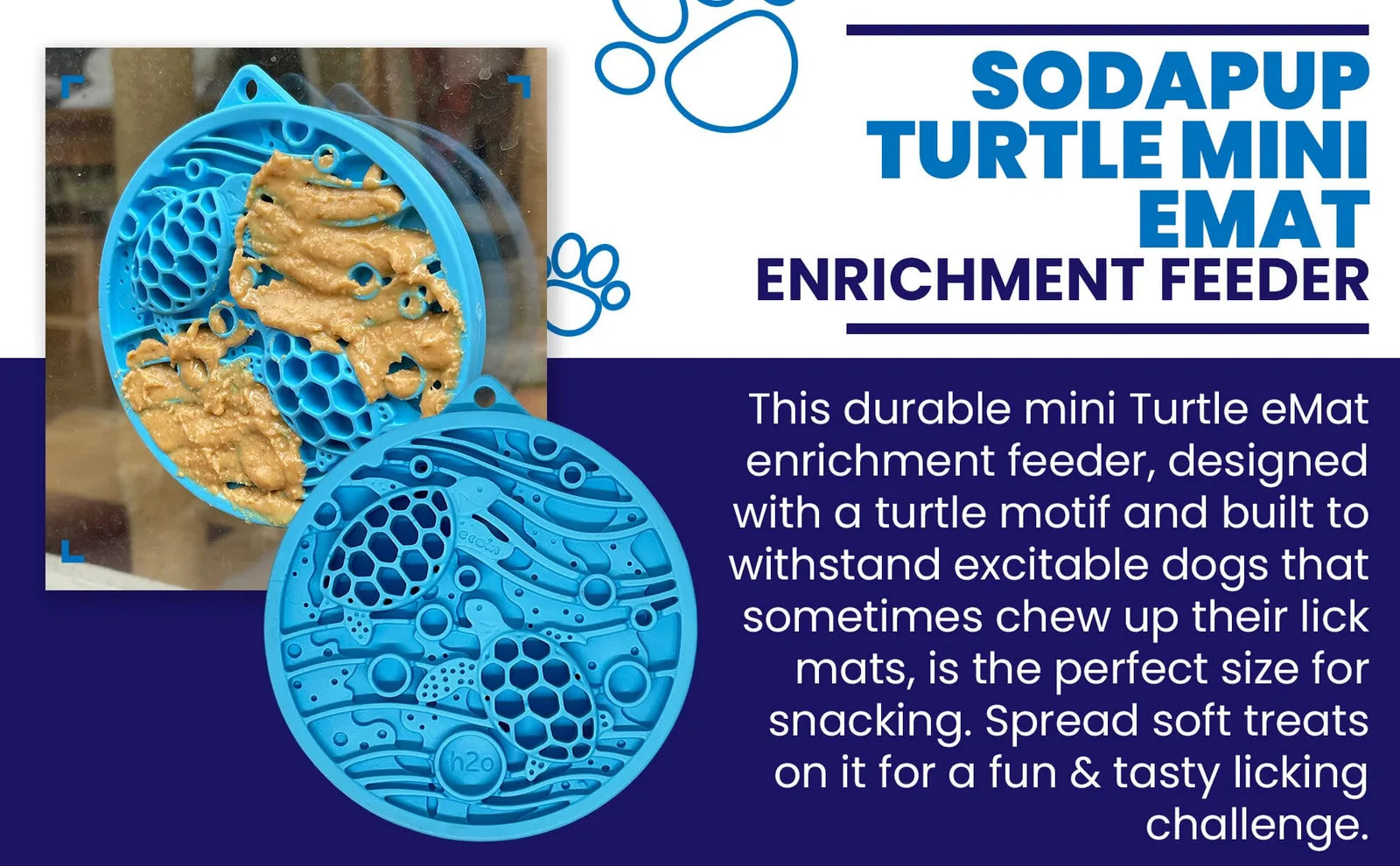 Bright blue Turtle eMat-Mini lick mat with various textures, featuring peanut butter, designed for small dogs and cats.