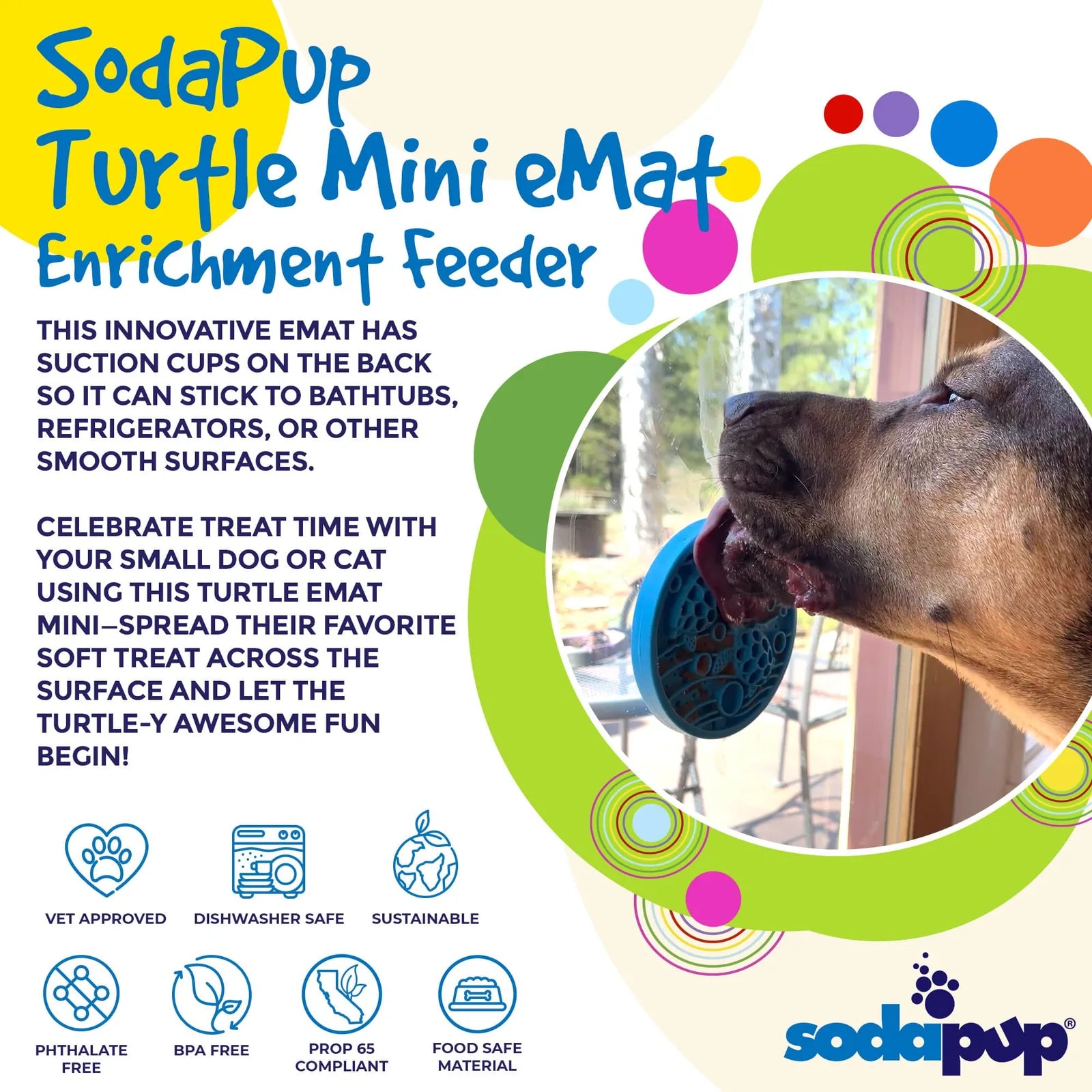 Turtle-shaped blue eMat-Mini with suction cups, designed for small dogs and cats, featured on a window.