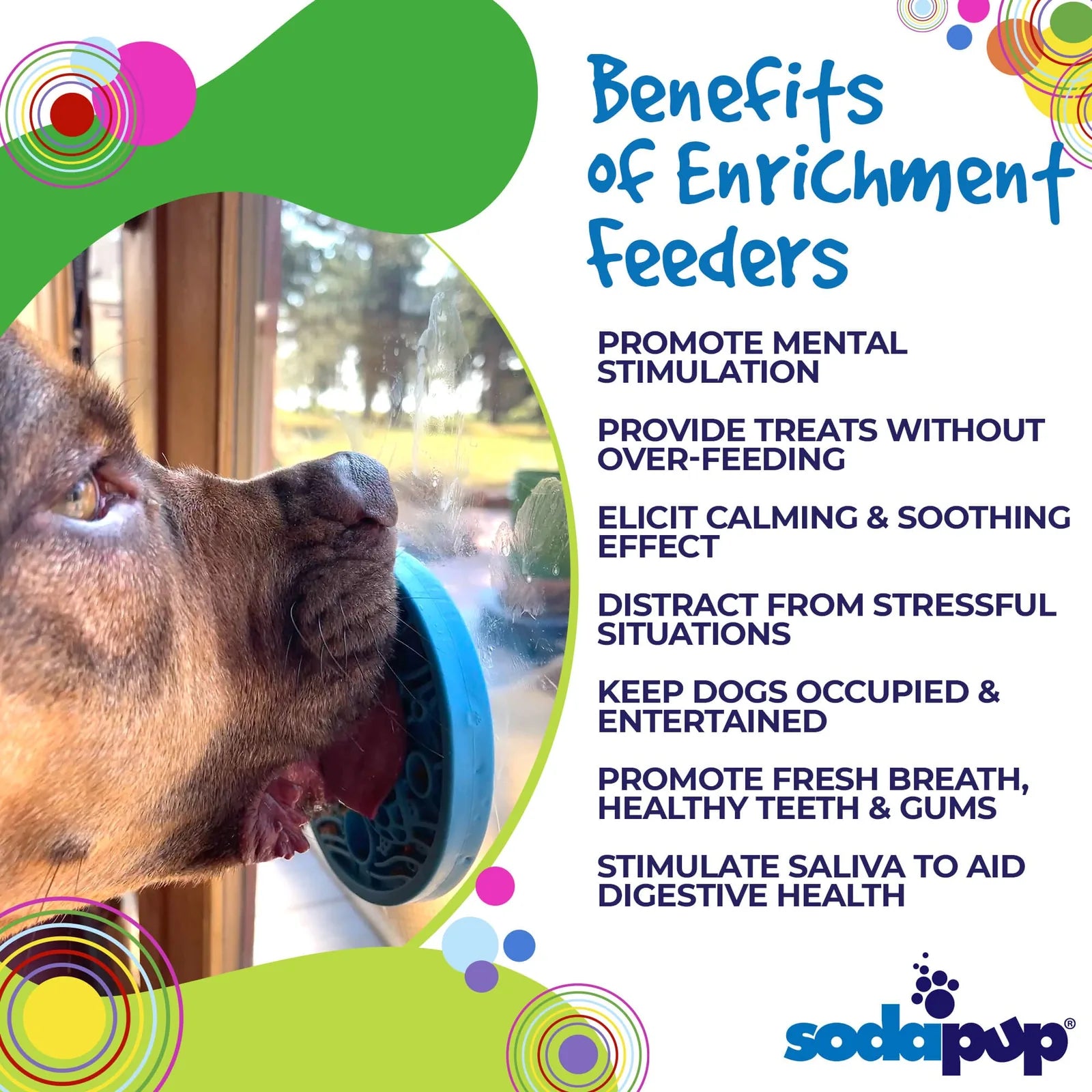 Turtle eMat-Mini lick mat by SodaPup secured to glass, with small dog licking treat, highlighting enrichment for pets.