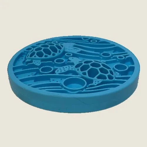 Blue Turtle eMat-Mini lick mat featuring textured turtles and designs for engaging small dogs and cats during feeding.