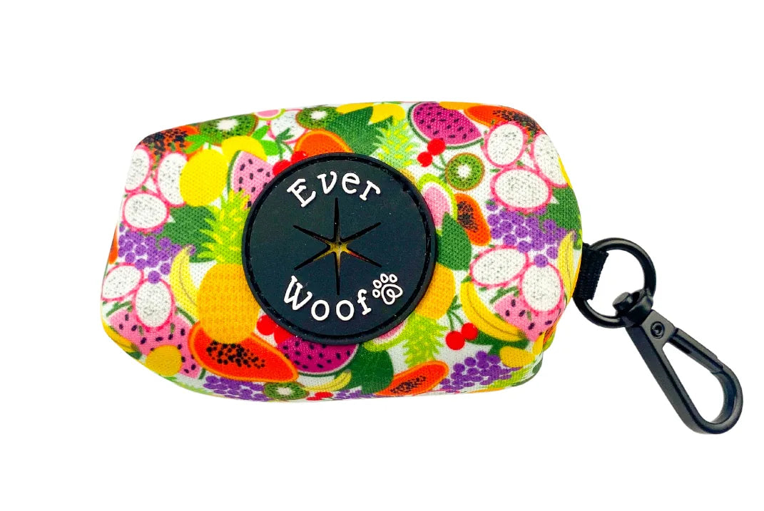 Tutti Frutti Waste Bag in colorful fruit pattern with black swivel hook and EverWoof logo. Ideal for dog walking accessories.