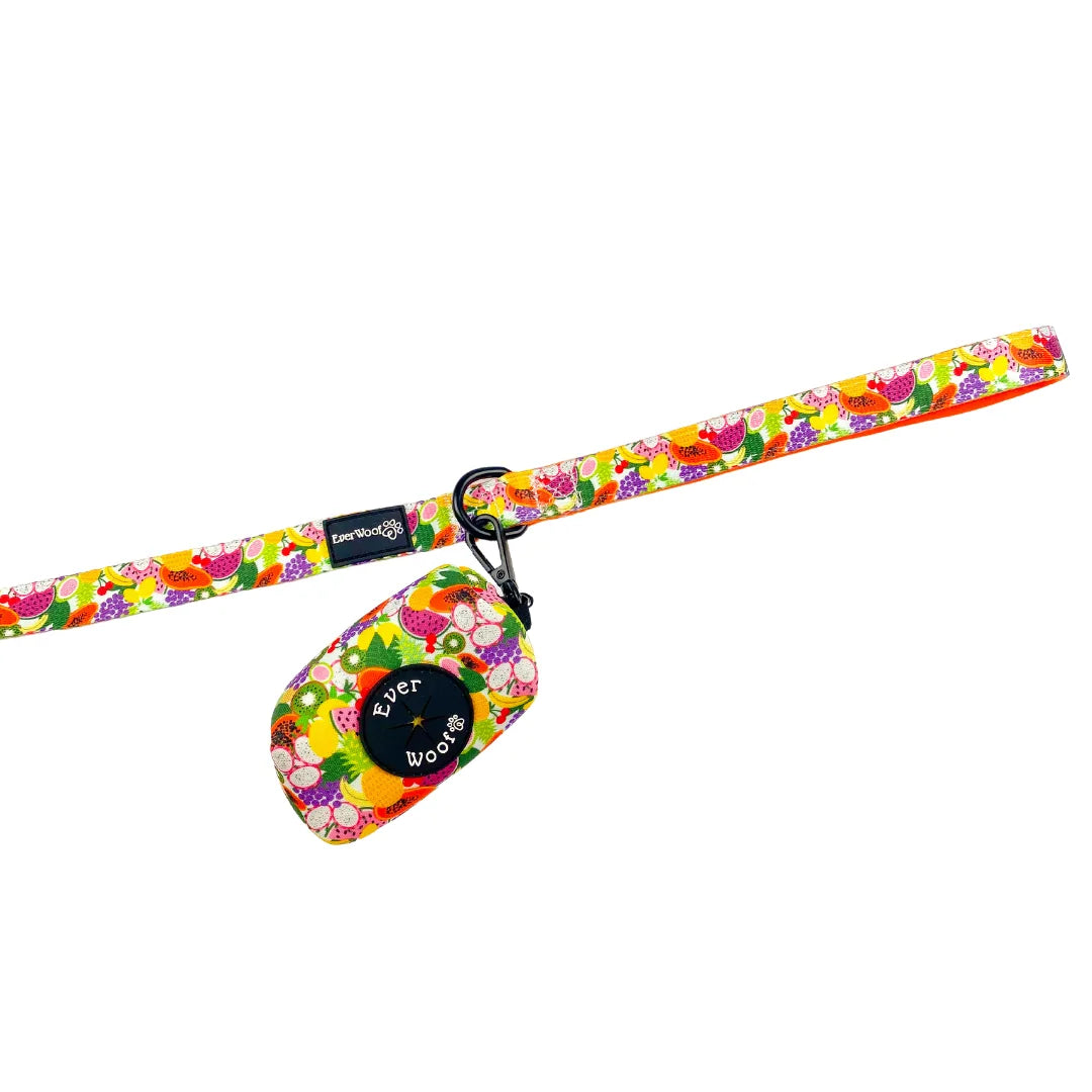 Colorful Tutti Frutti waste bag holder by EverWoof attached to a vibrant fruit-patterned leash.