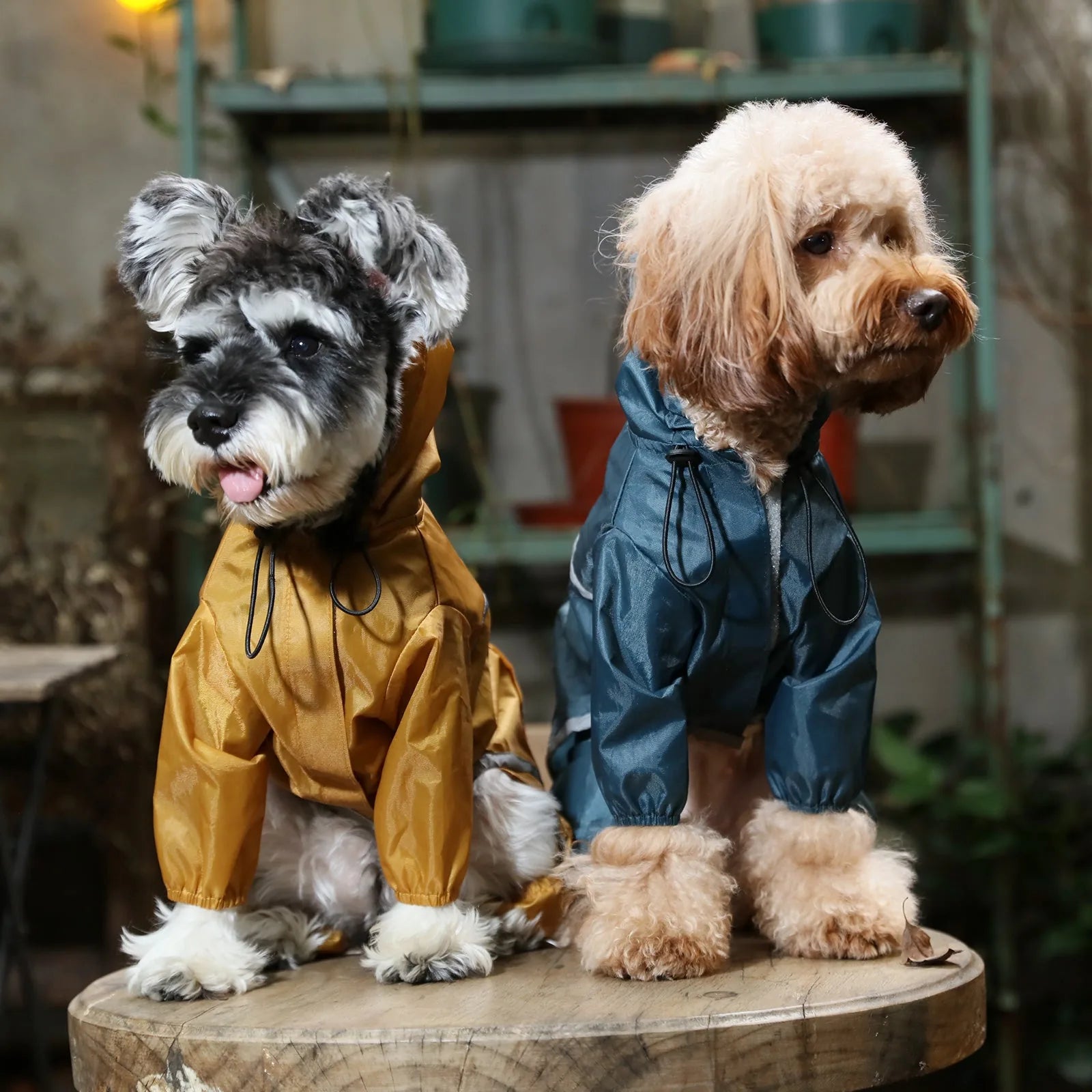 Blue hooded waterproof dog jacket on a dog, paired with a brown dog in a yellow jacket, both on a wooden surface.
