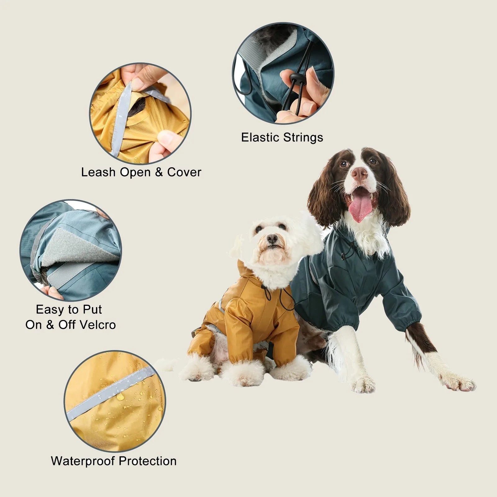 Ultralight waterproof dog jackets in yellow and teal, featuring hoods, elastic strings, and Velcro closures for a secure fit.