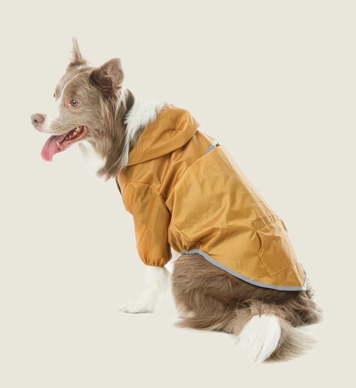 Ultralight yellow waterproof dog jacket with hood, reflective detailing, and velcro closure for secure fit.