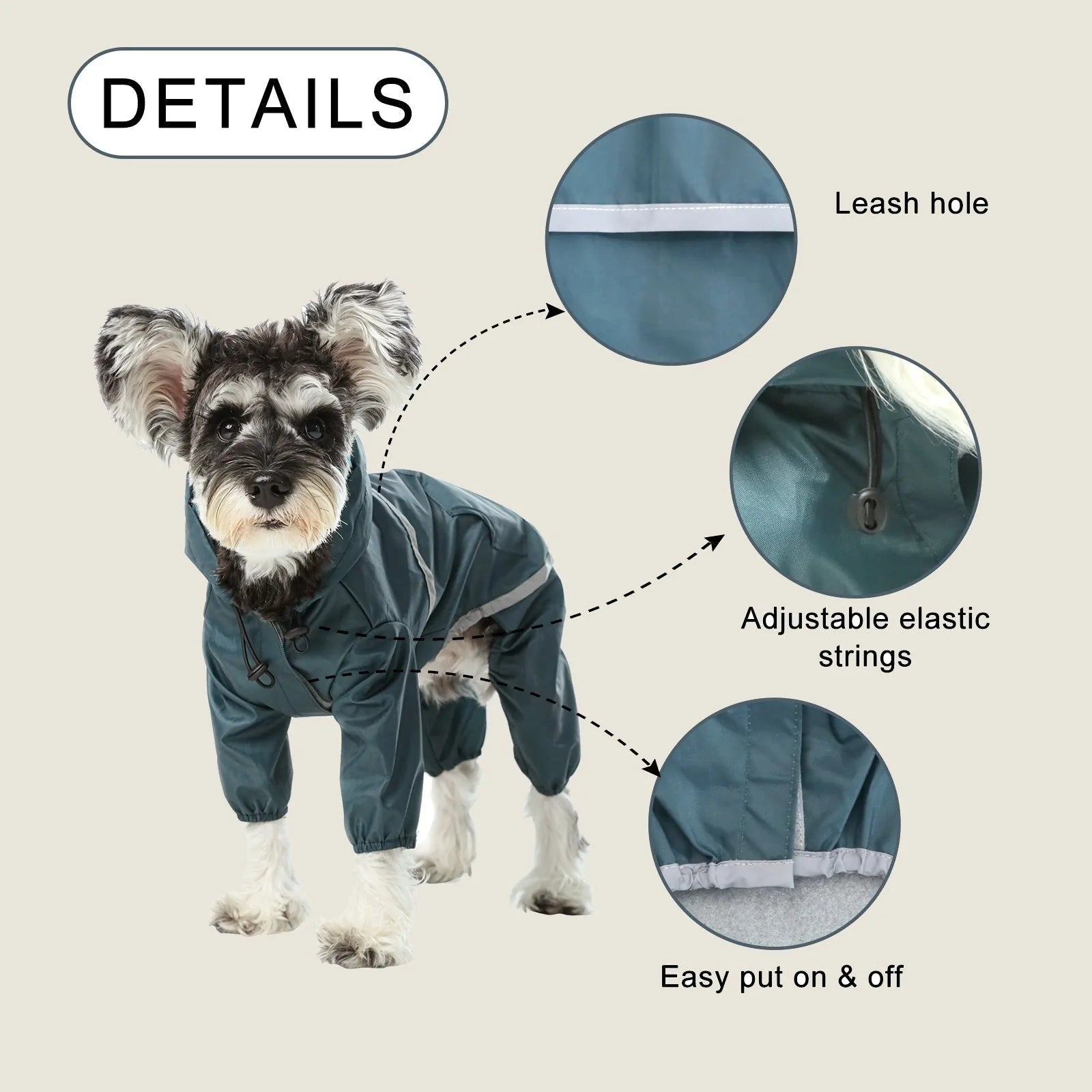 Ultralight waterproof dog jacket in teal, featuring a hood, elastic strings, and reflective details for visibility.