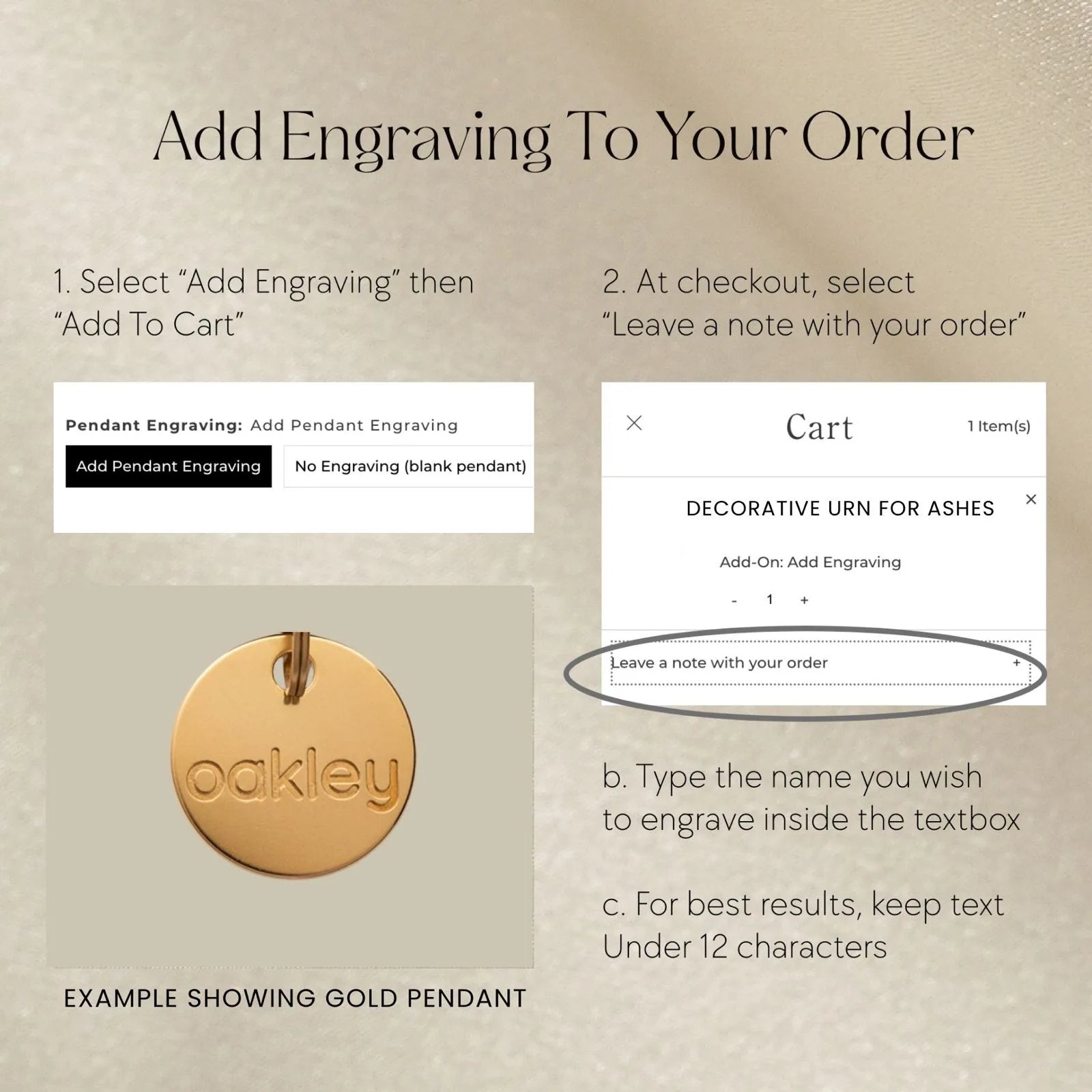 Gold urn pendant displaying the engraved name "oakley," designed for personalized memorial use.