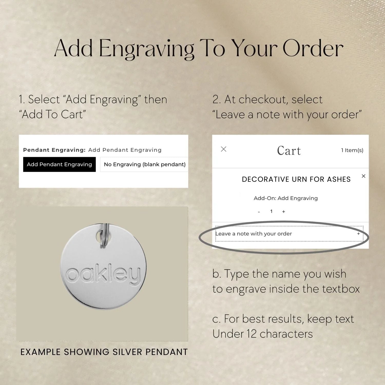 Engraved silver pendant example for G'Night Fetcher, showcasing custom engraving options for a personalized touch.