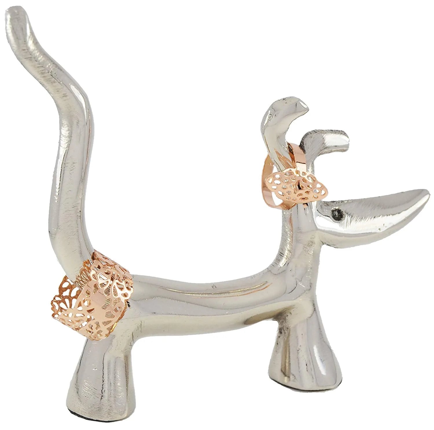Handcrafted silver dog-shaped ring holder with ornate rose gold accents, ideal for organizing jewelry in style.
