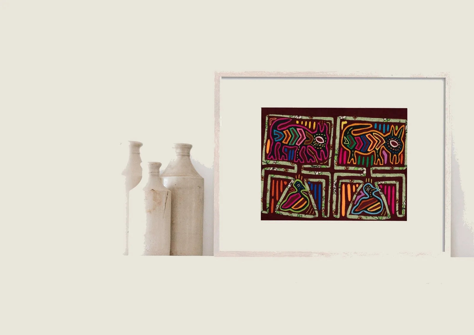 Colorful vintage bird and puppy dog design on dark background in a decorative Mola tapestry, showcasing intricate stitching.