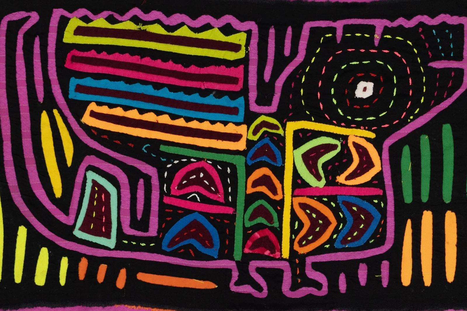 Hand-stitched vintage black and purple Mola tapestry with colorful geometric patterns representing wildlife.