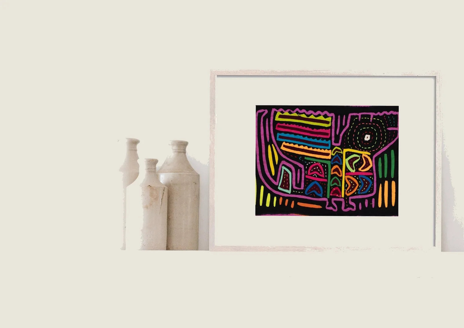 Colorful vintage black and purple tapestry depicting a stylized puppy design with geometric patterns and vibrant accents.