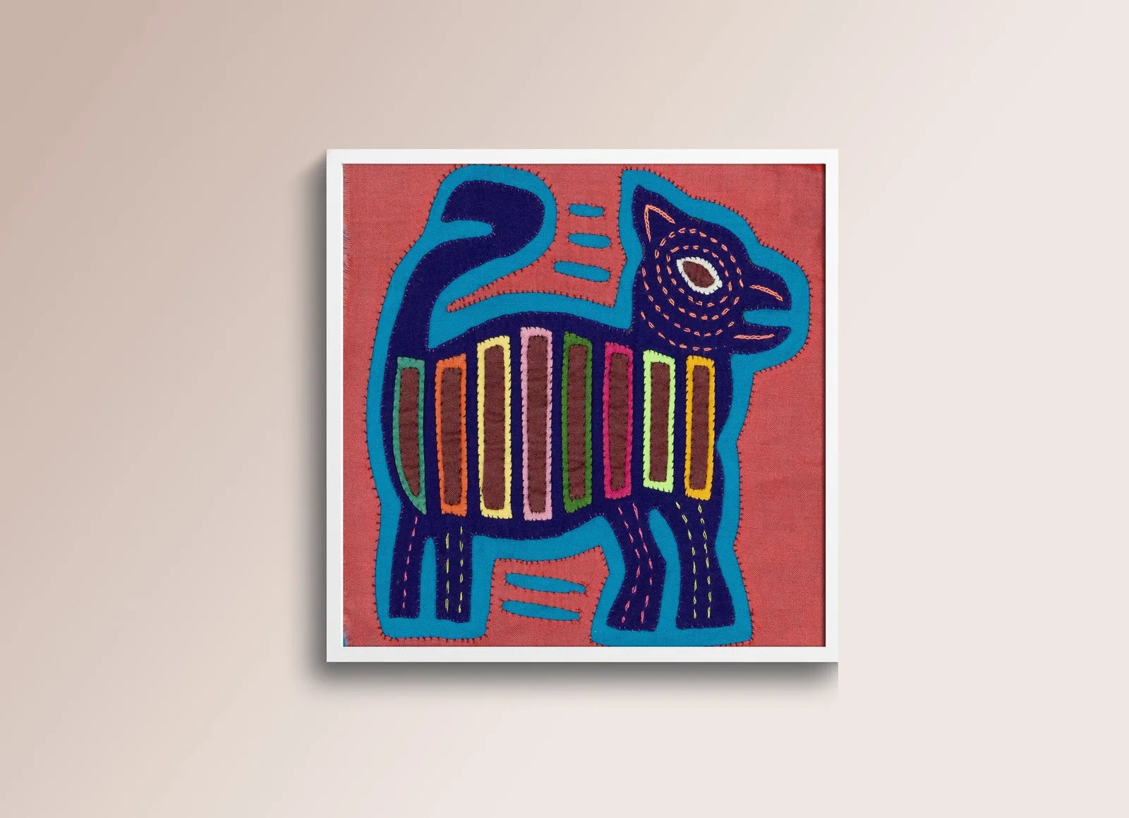 Hand-stitched Molita featuring a vintage pink and purple puppy dog design with geometric patterns on a vibrant background.